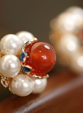 小花钗红色发簪简约大气后压簪子C日常可爱u型发钗古风汉服头饰品