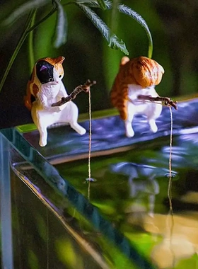 鱼缸钓鱼猫悬挂创意造景摆件桌面