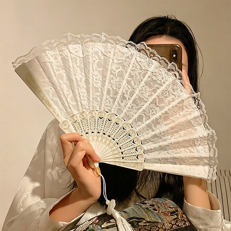 新中式复古中华娘配饰黑蕾丝折扇古风拍照道具洛丽塔旗袍黑金扇子