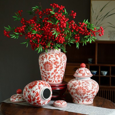 新年新居陶瓷插花新中式釉下彩大肚陶瓷花瓶高级感客厅玄关摆件