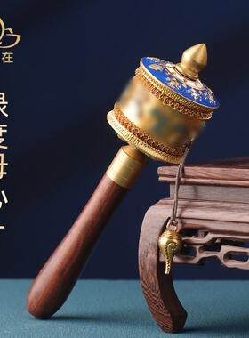 藏式八吉祥绿度母手摇转轮铜制彩绘立体浮雕双轴承桌面装饰品摆件