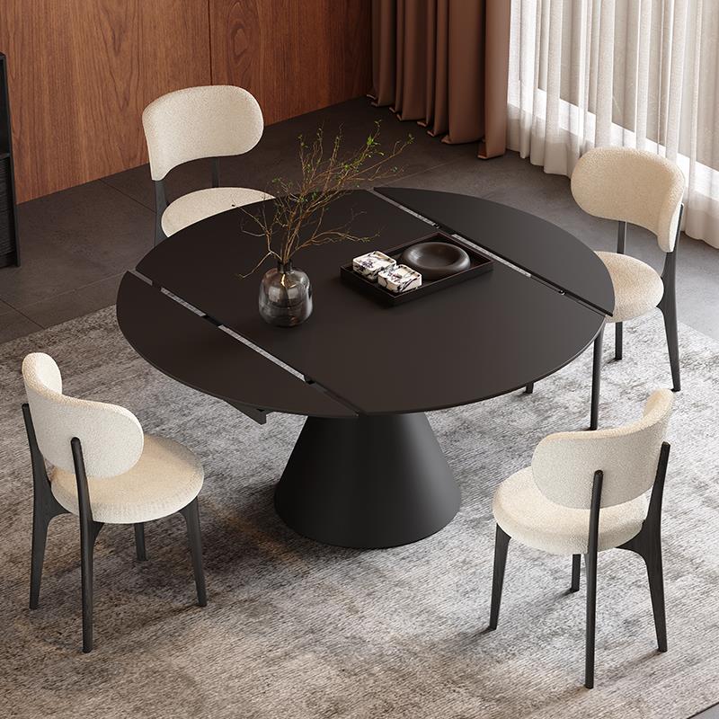 黑色岩板餐桌可变圆桌家用小户型饭桌现代简约新款伸缩实木圆餐桌