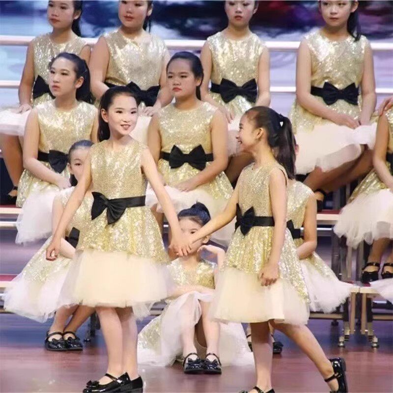 儿童合唱服金色亮片演出服修身连衣裙小学生主持人演讲舞台演出服