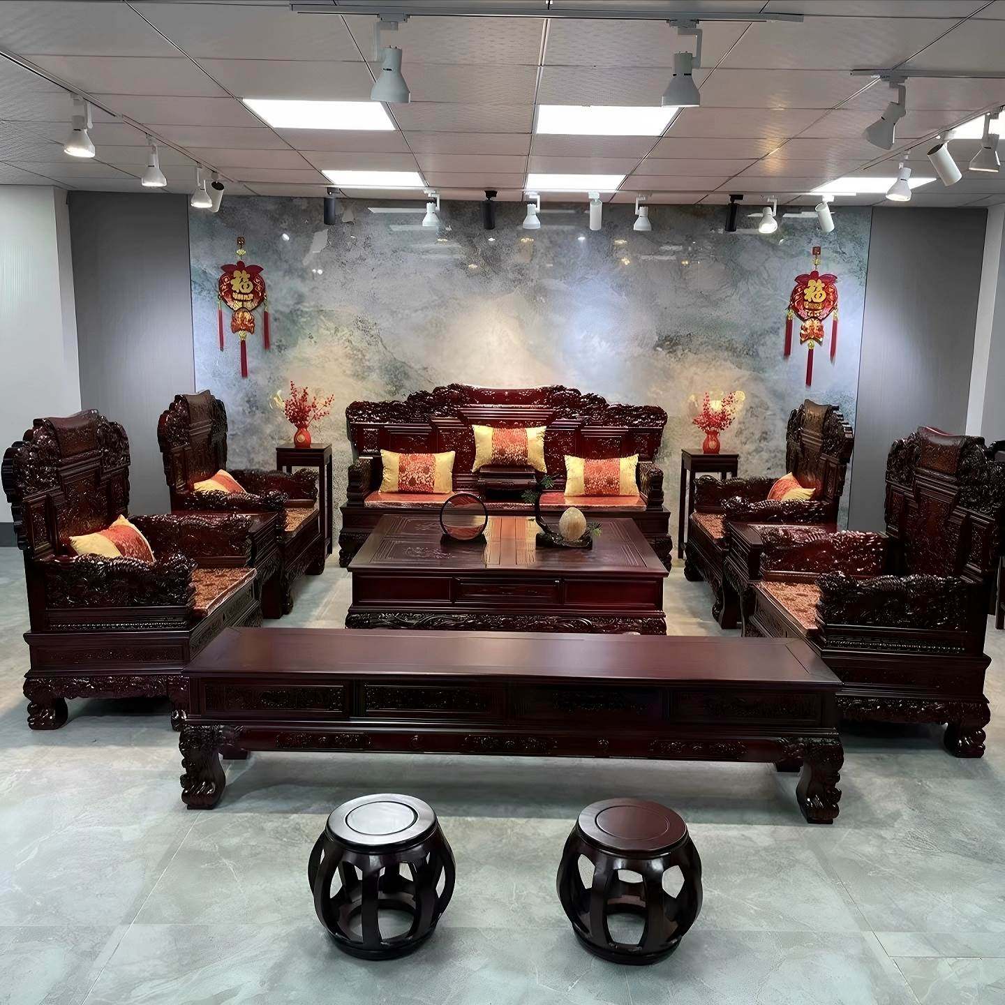 中式实木沙发组合红木家具客厅全套仿古雕花沙发明清古典冬夏两用