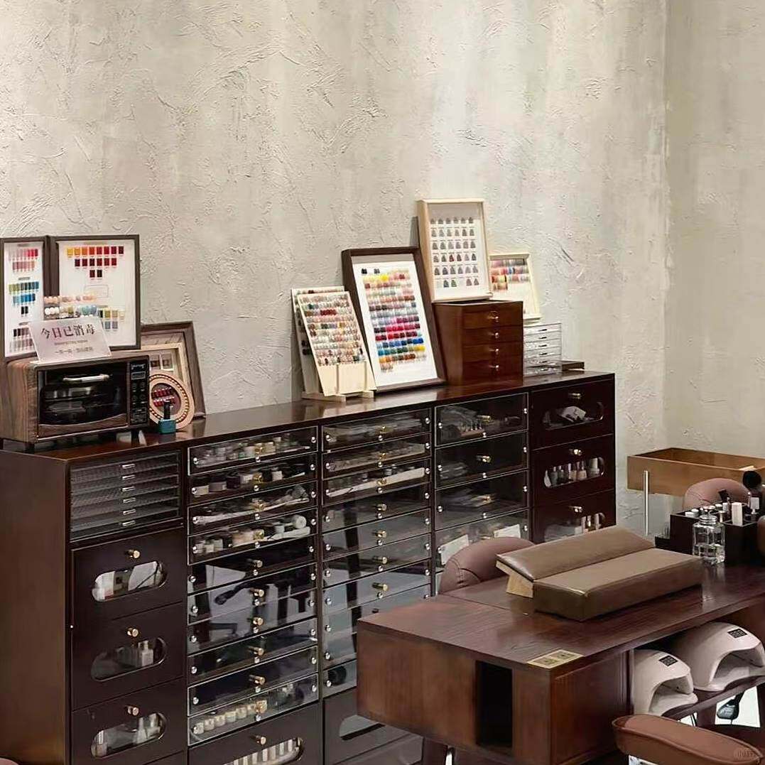 实木中古风胡桃色美甲柜台展示柜指甲油收纳柜甲油胶美甲店储物柜