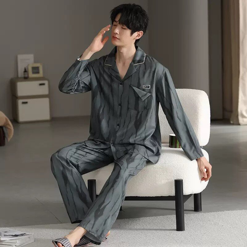 男士冰丝睡衣夏季衬衫领家居服套装高级感休闲风松弛感