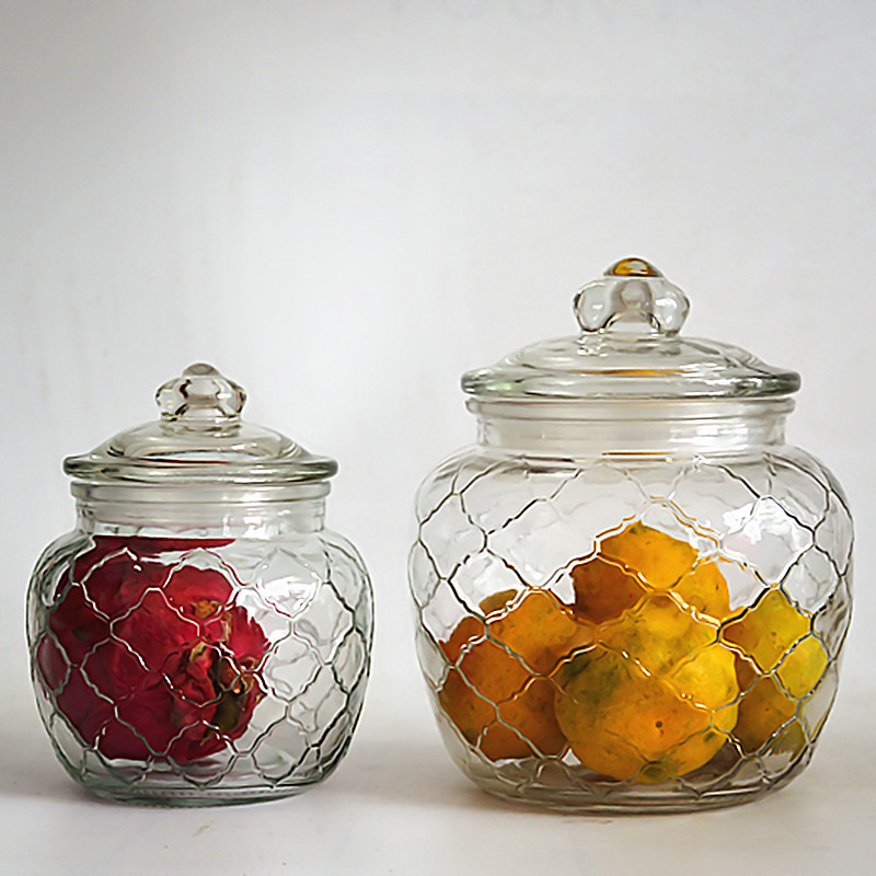 家用网格玻璃储物罐厨房泡菜坛子腌菜杂粮收纳盒收纳玻璃密封罐子