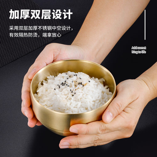 304不锈钢碗带盖饭碗金色双层防烫汤碗烤肉店韩国韩式餐具