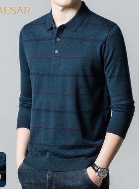 凯撒大帝2025年秋季新款翻领条纹中老年时尚休闲百搭针织衫上衣男