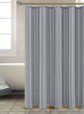 经典灰色条纹涤纶浴帘不锈钢扣眼免打孔防水加厚沐浴装饰帘工厂
