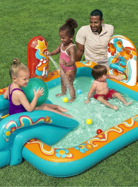 新品Bestway53164方形溜冰场喷水池 滑梯戏水充气泳池