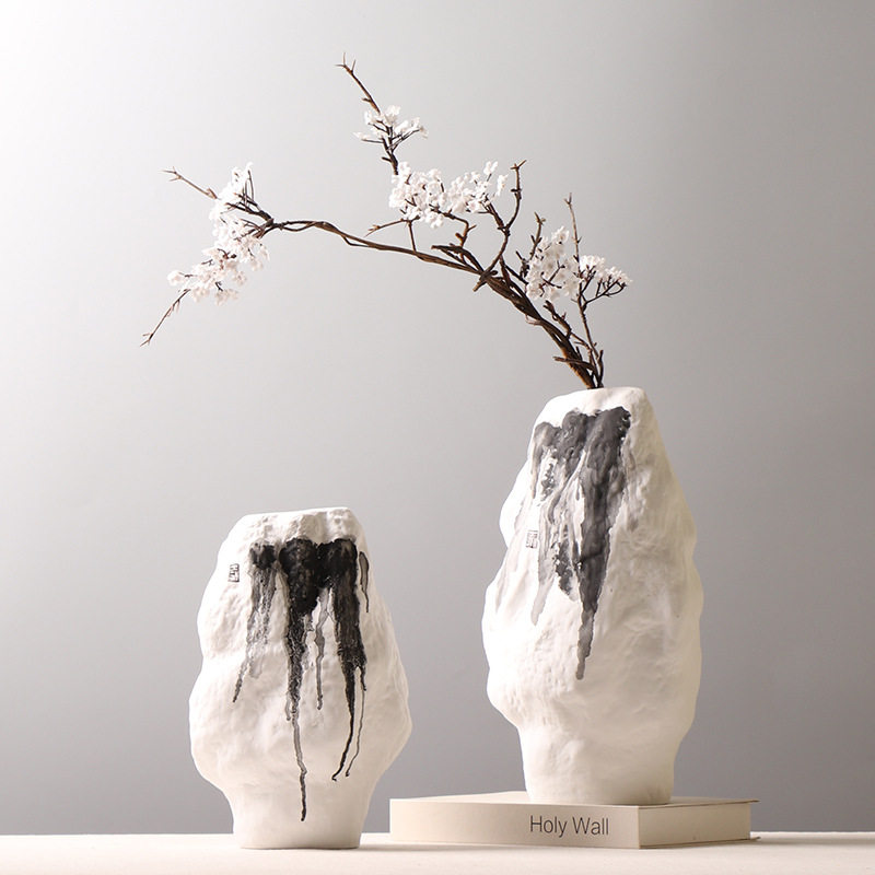 现代简约水墨陶瓷花瓶样板房客厅插花装饰品创意石岩摆件黑白拼色,模玩/动漫/周边/娃圈三坑/桌游,文化/体育周边,淘宝优惠券,粉丝福利购,淘宝优惠卷