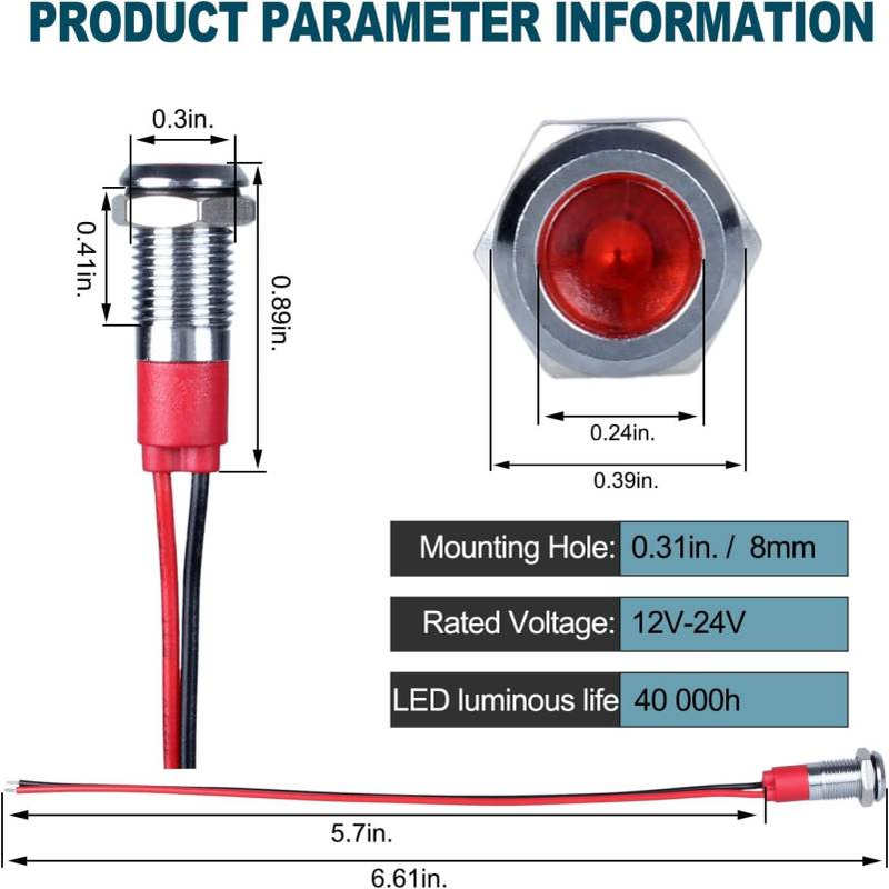 DMWD 5 件 12V-24V 节能 LED 指示灯安装孔 8 毫米(1\/3 英寸)20m