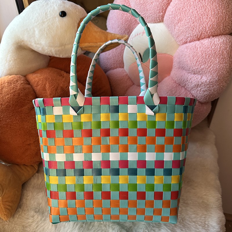 网红手工编织彩色格纹收纳筐伴手礼品袋购物手提篮子野餐篮