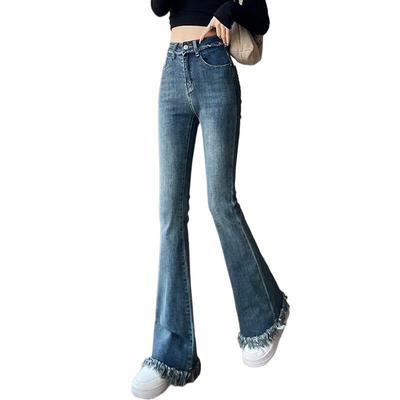 高货复古流苏毛边微喇牛仔裤女秋秋2025年新款高腰显瘦弹力喇叭拖