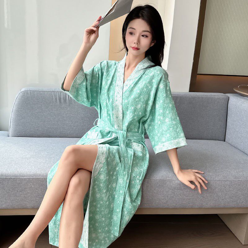 中长款纯棉睡袍大码女胖mm棉纱夏季薄款H宽松浴袍家居服睡衣200斤