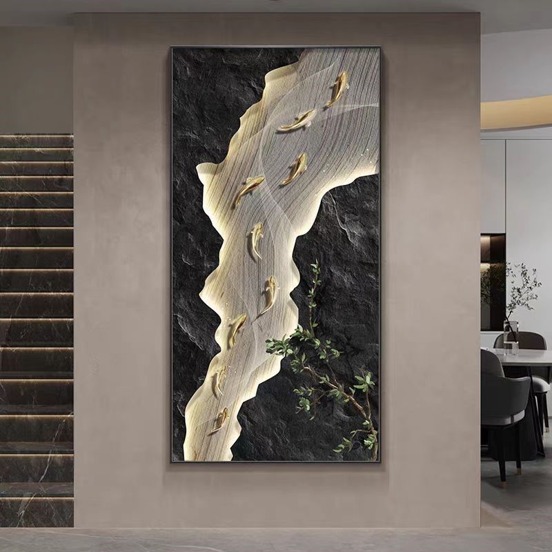 九鱼图立体入户玄关装饰画高端带灯石来运转壁画轻U奢走廊过道挂