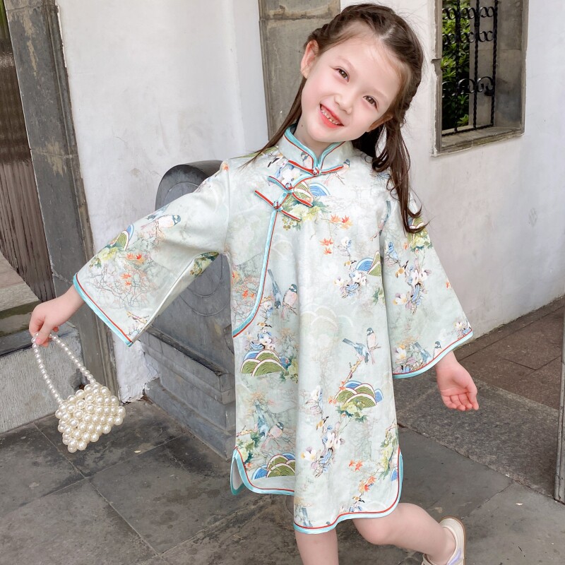 女童复古旗袍裙春秋中p国风改良中式礼服连衣裙花鸟中式童装洋气