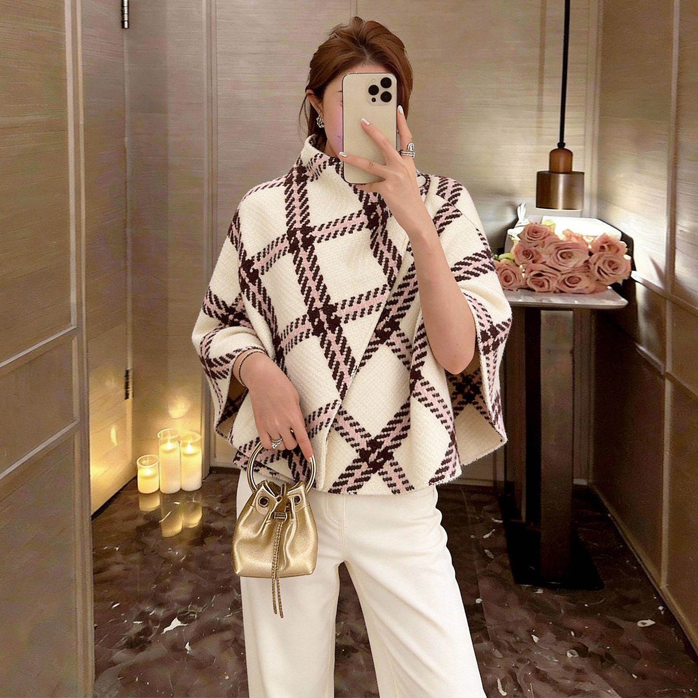 ROUUE STAR春季】女装高端毛呢提花宽松斗篷26立领格子外套菱形