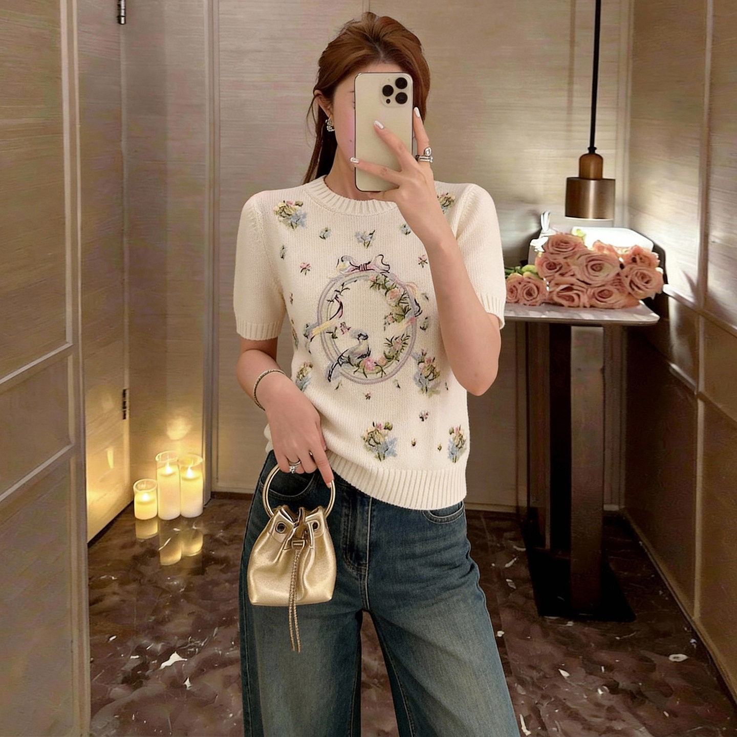 ROUUE STAR春季26高端女装小刺绣法式新款上衣毛蝴蝶针织衫T恤香