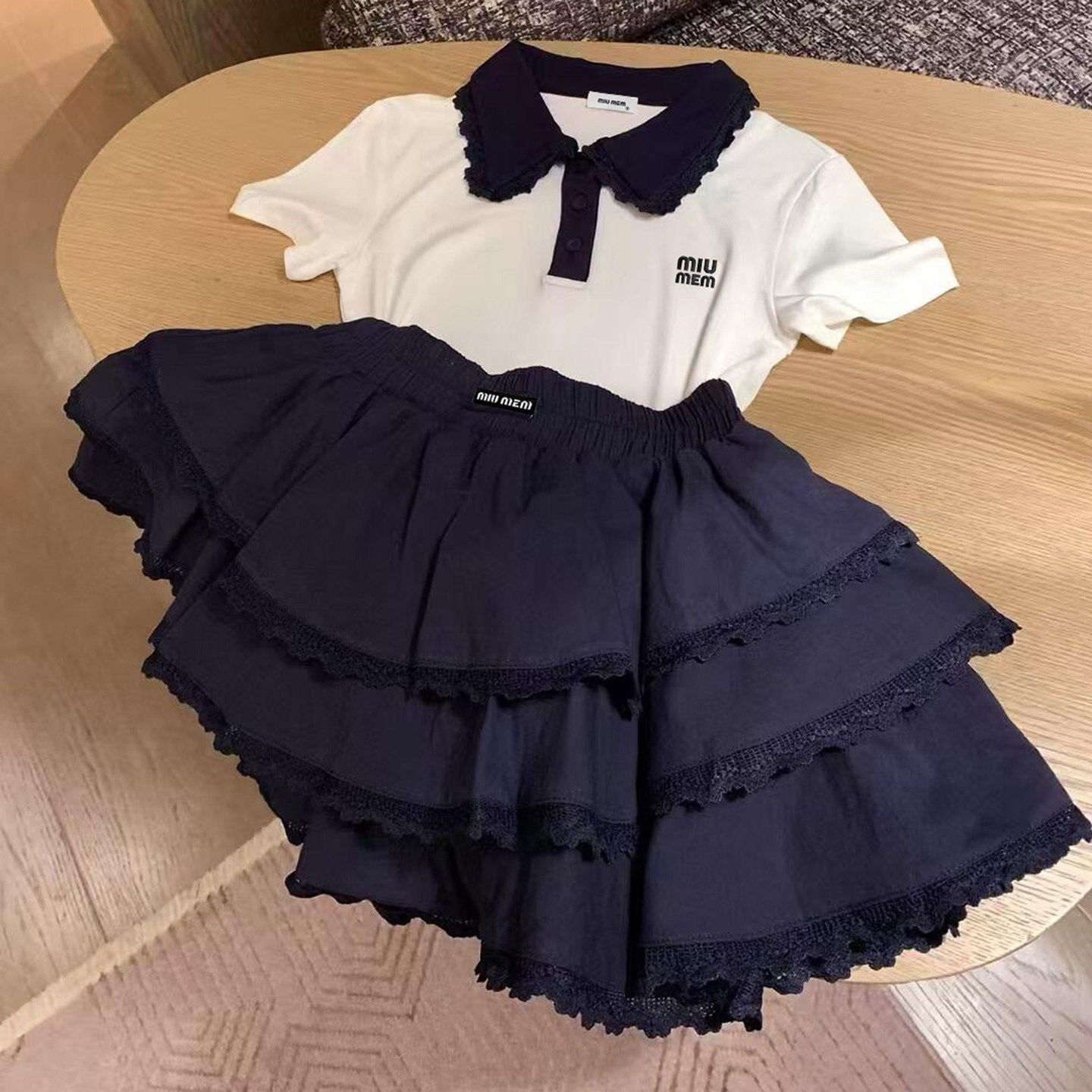 ROUUE STAR】百搭高端套装半身裙女女装上衣蛋糕T恤甜美娃娃领