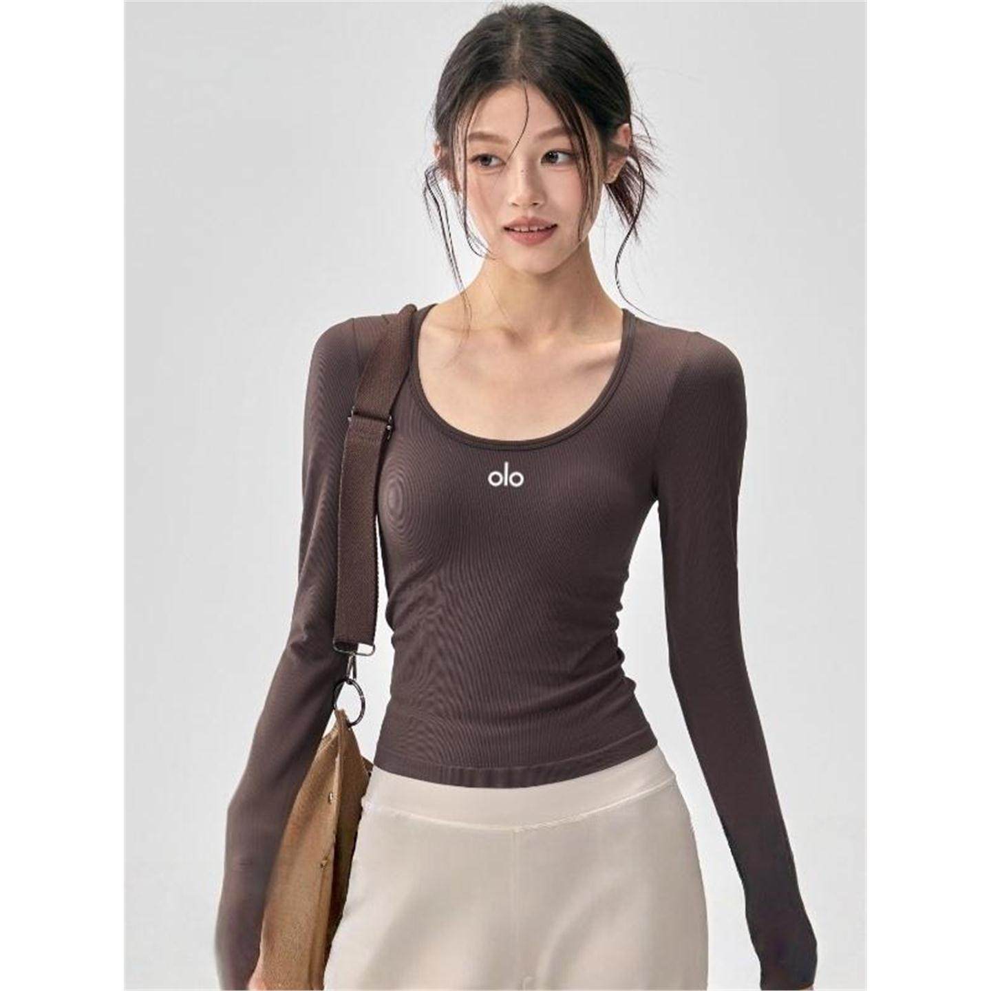 美国NOMALO带瘦运动长袖上衣修身U胸垫普拉提服领显螺纹高弹瑜伽