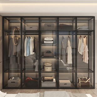 定制铝合金衣柜家用卧室轻奢玻璃门现代简约转角储物衣帽间衣橱柜