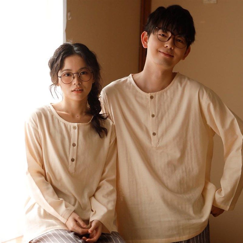 日系简约圆领套头情侣睡衣纯绵纱布春秋季休闲男款家居服可外穿,女士内衣/男士内衣/家居服,睡衣/家居服套装,淘宝优惠券,粉丝福利购,淘宝优惠卷
