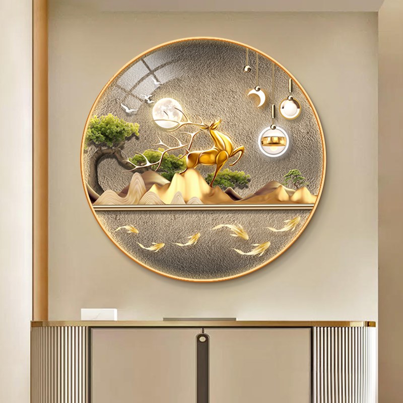 福鹿高升装饰画玄关圆形挂画现代简约轻奢客厅走廊过道尽头墙挂画图片