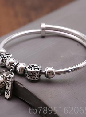 高档足银999纯银9手拉镯女古气质流苏款鱼复吊坠圆珠镯子推送女友