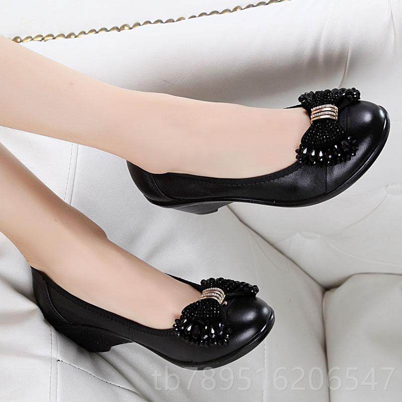 高档新款女鞋鞋妈坡跟单鞋中跟真珠皮圆妈头蝴蝶结黑色串女鞋子工,女鞋,浅口单鞋,淘宝优惠券,粉丝福利购,淘宝优惠卷