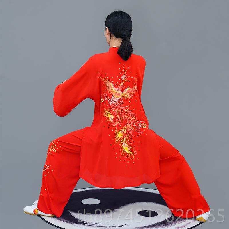 正品蕾太极中长款红色女马式春夏极服武术表服演比太赛服刺绣凤舞