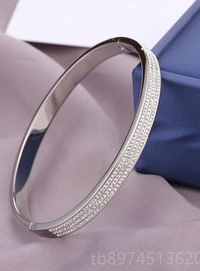 正品钛钢满钻手女金不掉色轻奢感小众高级银色品牌镯气质满钻色不