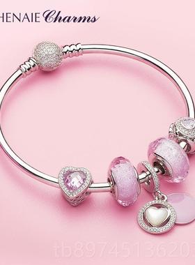 正品粉色爱心925银链女韩版简时约性尚手镯手情侣送女友生日礼个