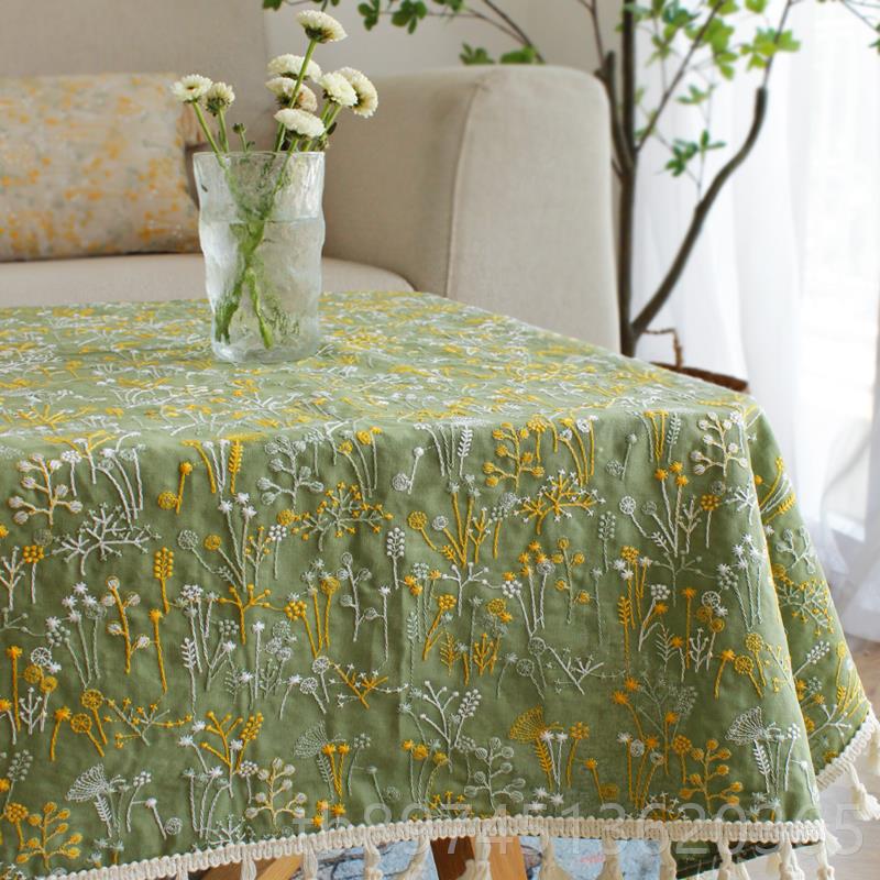 正品刺绣小清绣新米色桌布台苎麻盖日式茶几布轻奢花长方形布书桌