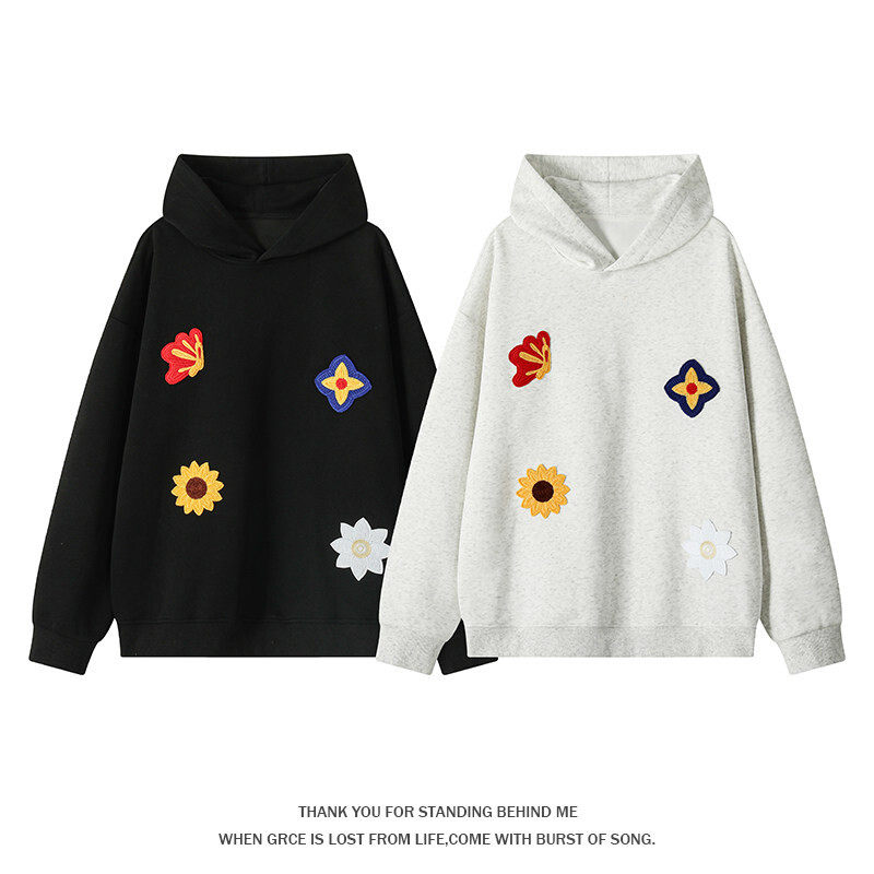 2026新款设计感花卉刺绣350g重磅华棉连帽卫衣男W24582-特P45控98