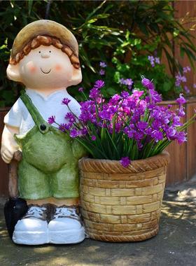 创意可爱小孩花盆阳台户外花园造景庭院别墅景观装饰树脂摆件花器