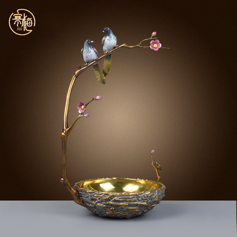 纯黄铜喜上眉梢果盘喜鹊摆件新中式客厅茶几果盘乔迁装饰铜工艺品