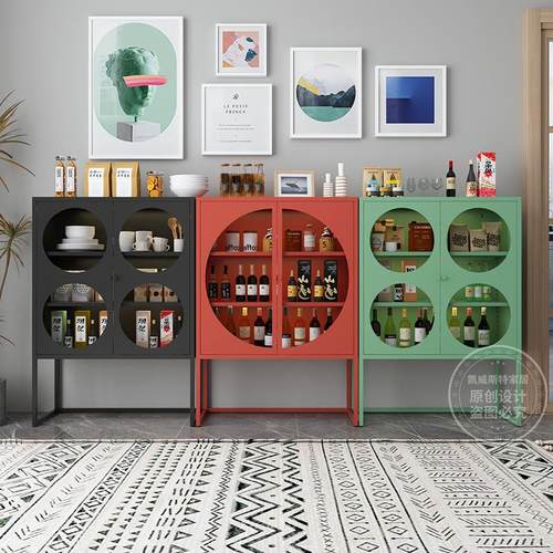 北欧轻奢铁艺酒柜餐柜靠墙客厅玻璃门展示柜小型高档家用收纳柜