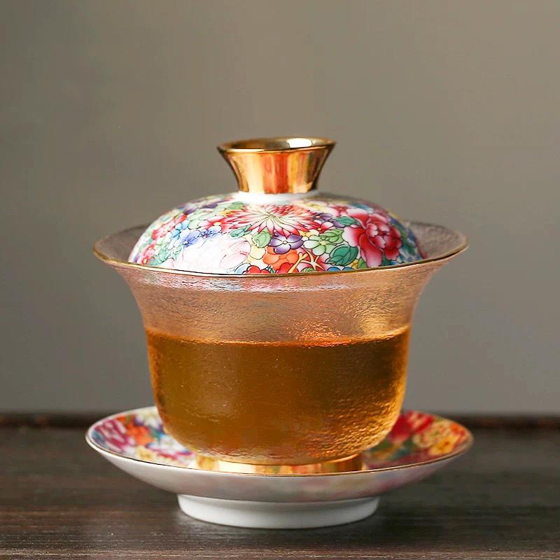 珐琅彩陶瓷盖碗玻璃彩绘金边大号家用单个茶杯三才泡茶碗功夫茶具