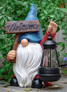 田园精灵太阳能小夜灯光户外别墅花园庭院树脂工艺装饰摆件欢迎牌