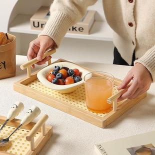 木制食品托 托盘长方形中古风摆拍餐桌收纳盘家用藤编果盘双耳手