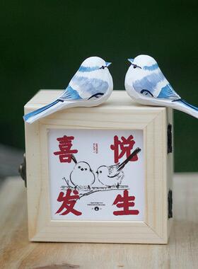 鹿妖商店 mini肥啾 木雕小鸟 礼物 灰蓝山雀 纯手工实木桌面摆件