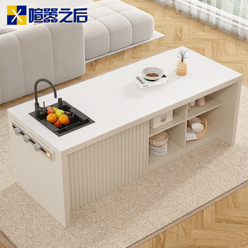 法式奶油风岩板餐桌岛台一体小户型家用饭桌子厨房中岛台茶吧台桌