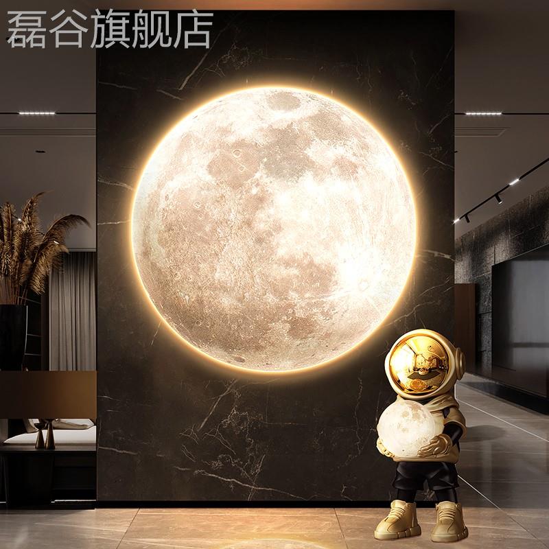 网红卧月球玄关装饰画侘寂风奢星球圆形室壁灯画轻肌理背景墙发光