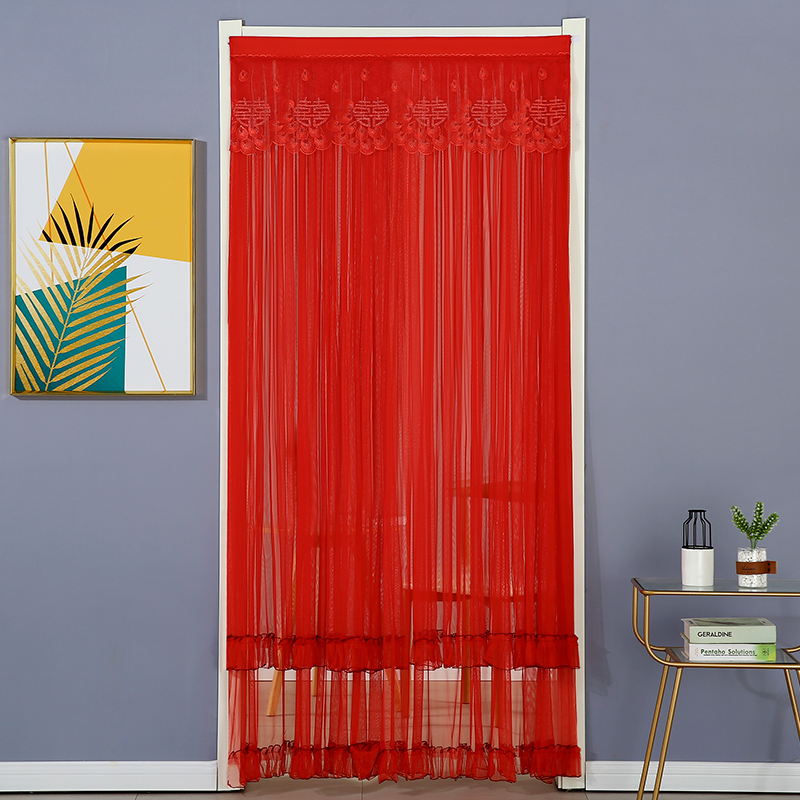 门帘结婚喜庆大红色长纱帘子卧室家用蕾丝防蚊挂帘隔断帘免打孔