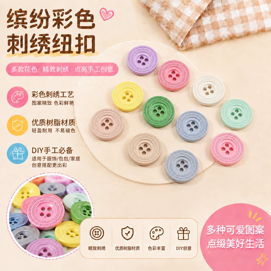 彩色树脂钮扣新款创意喷漆刻字风衣彩色扣配件四眼儿童衣服扣子