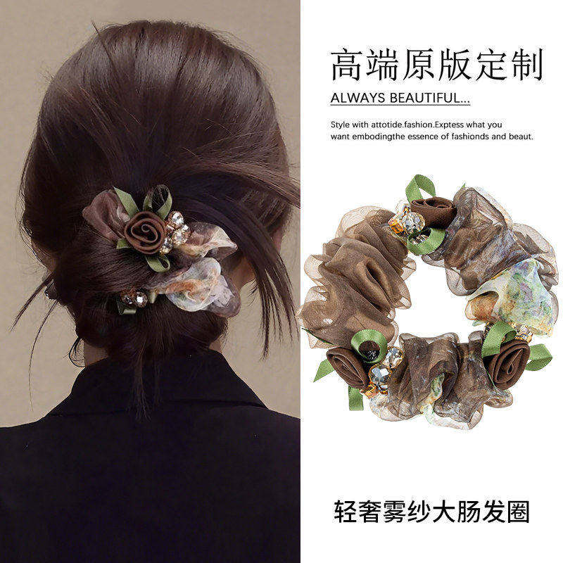 气质温柔榛果雾纱大肠发圈女2026新款盘发头绳复古花朵皮筋女扎头