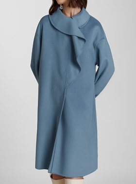 素芭艺术感荷叶边双面呢大衣女冬季优雅时尚宽松保暖长外套SJ0791