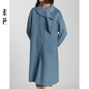 素芭艺术感荷叶边双面呢大衣女冬季 宽松保暖长外套SJ0791 优雅时尚